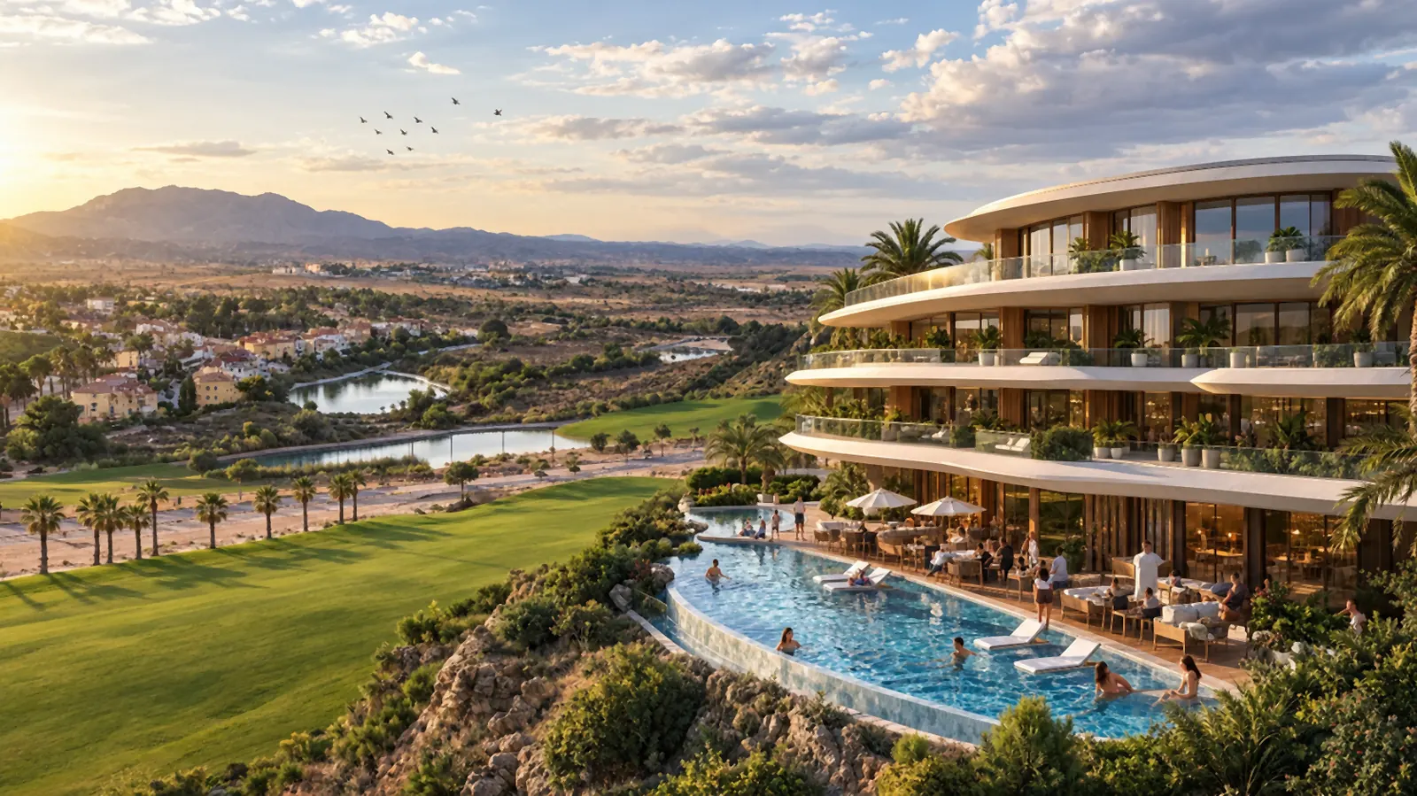 Infinity pool and terrace restaurant of the WOW Longevity Hotel next to Altaona's golf course in Murcia