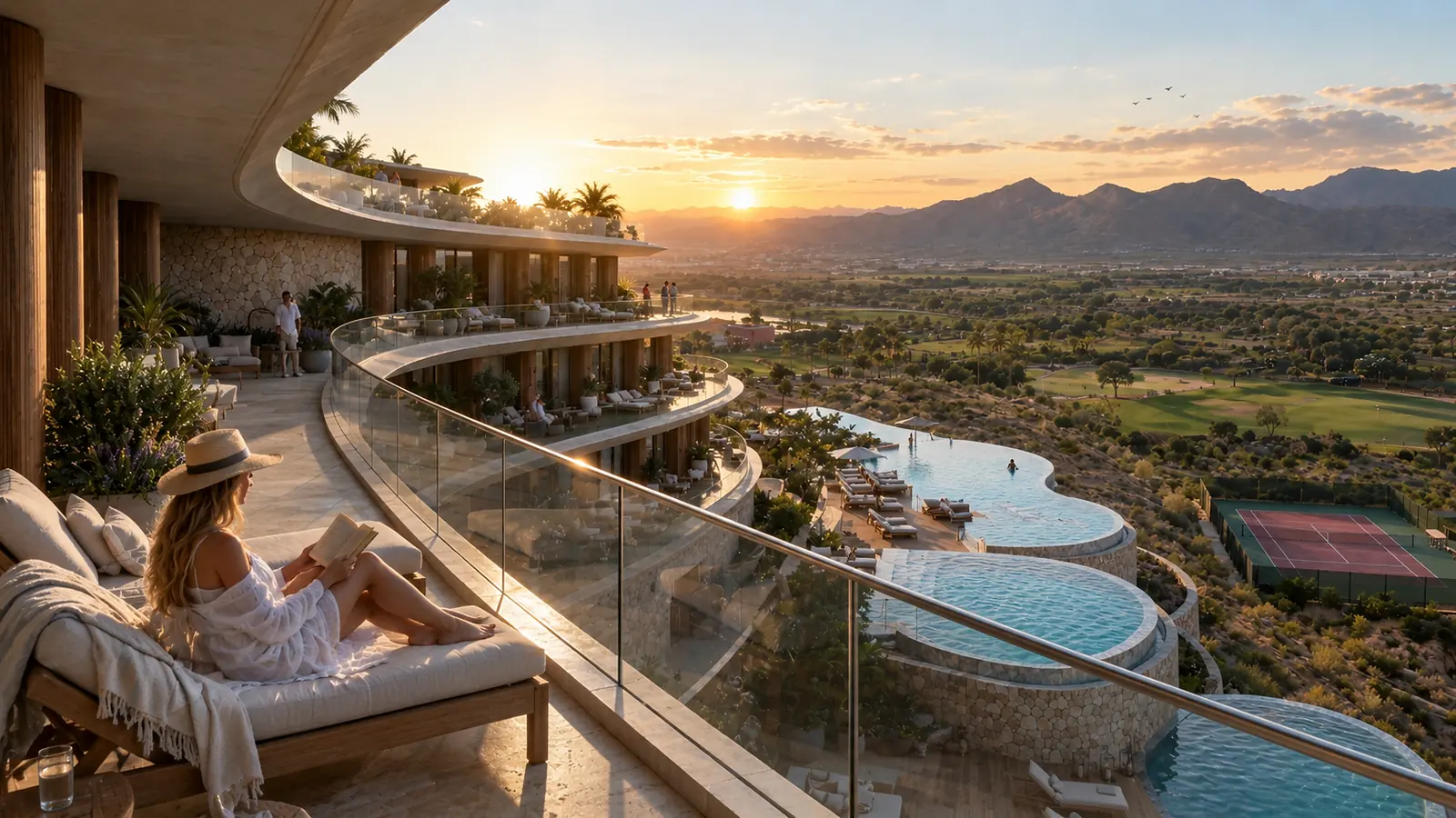 Curved terraces of the WOW Longevity Hotel stepping down to tiered infinity pools at sunset