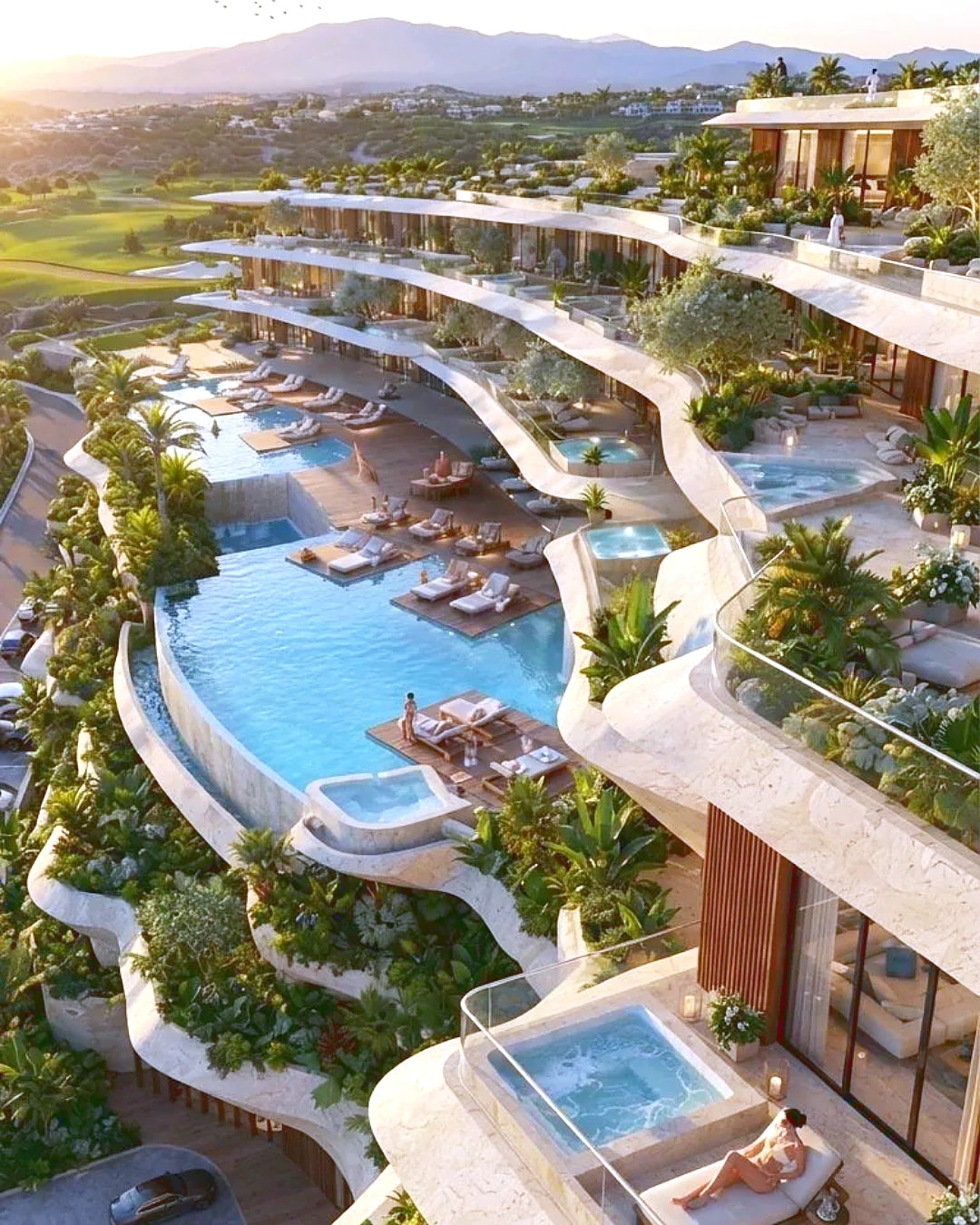 Suite terraces of the WOW Longevity Hotel above the infinity pools, with the mountains of Murcia beyond