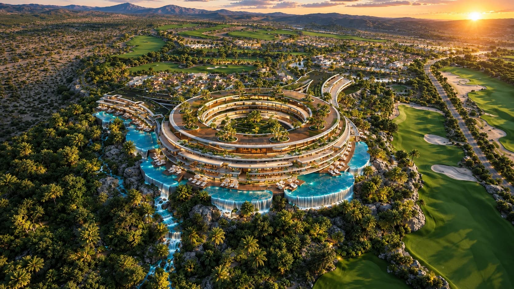The WOW Longevity Hotel at golden hour: the ring of terraces with its cascading pools, among palms beside Altaona’s golf course, with the mountains of Murcia beyond