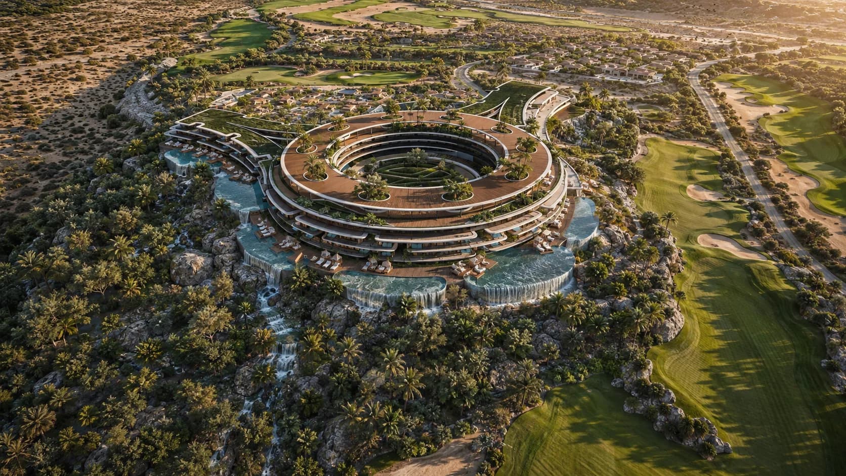 The ring-shaped WOW Longevity Hotel from the air, with Altaona’s golf course around it