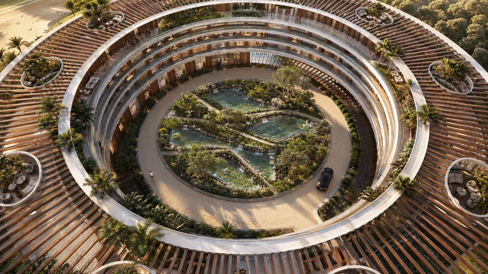 The garden at the heart of the ring, seen from the upper terraces of the WOW Longevity Hotel