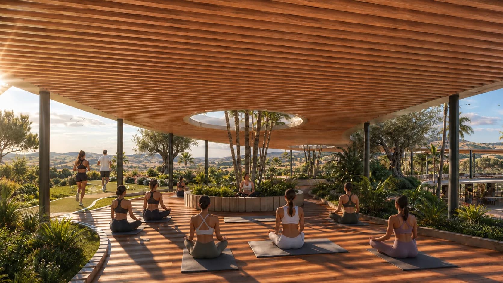 Morning yoga under the wooden pergola on the hotel’s roof terrace