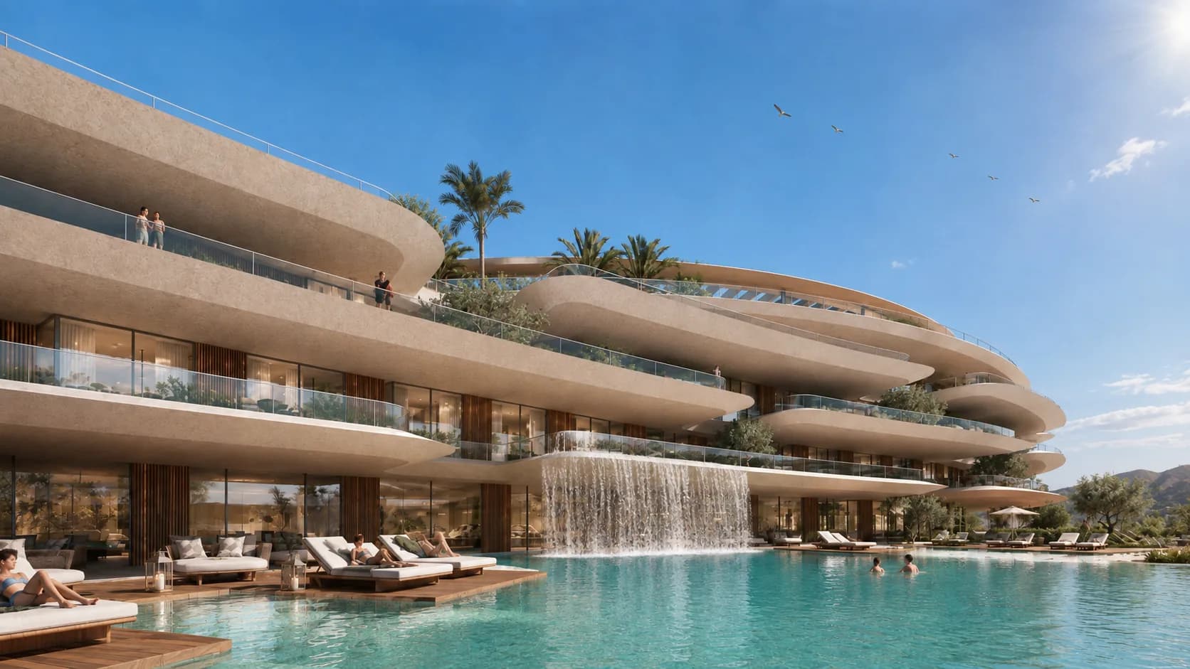 The waterfall pool and sun terraces of the WOW Longevity Hotel