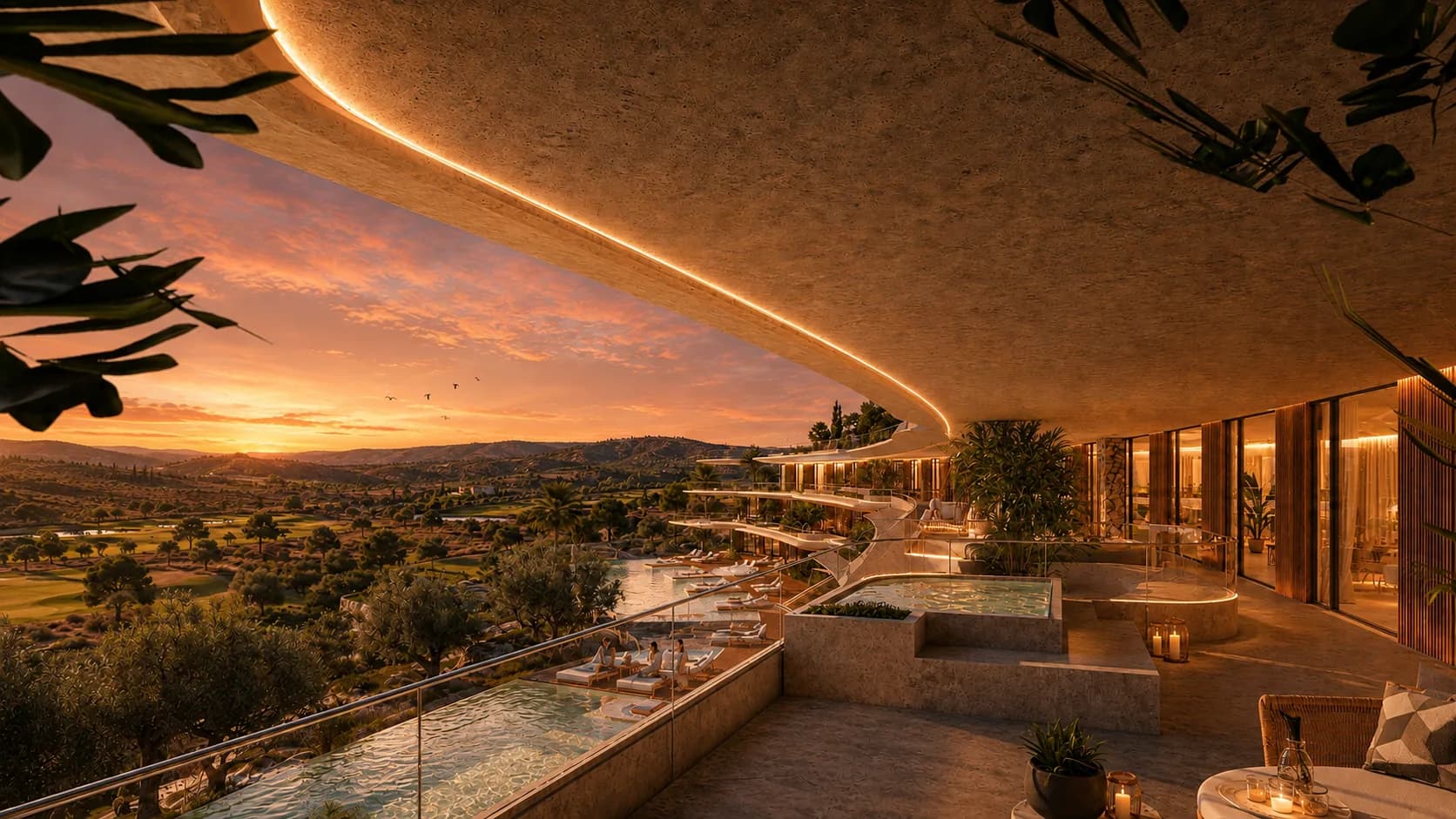 A suite terrace with its own plunge pool at sunset, looking out over Altaona