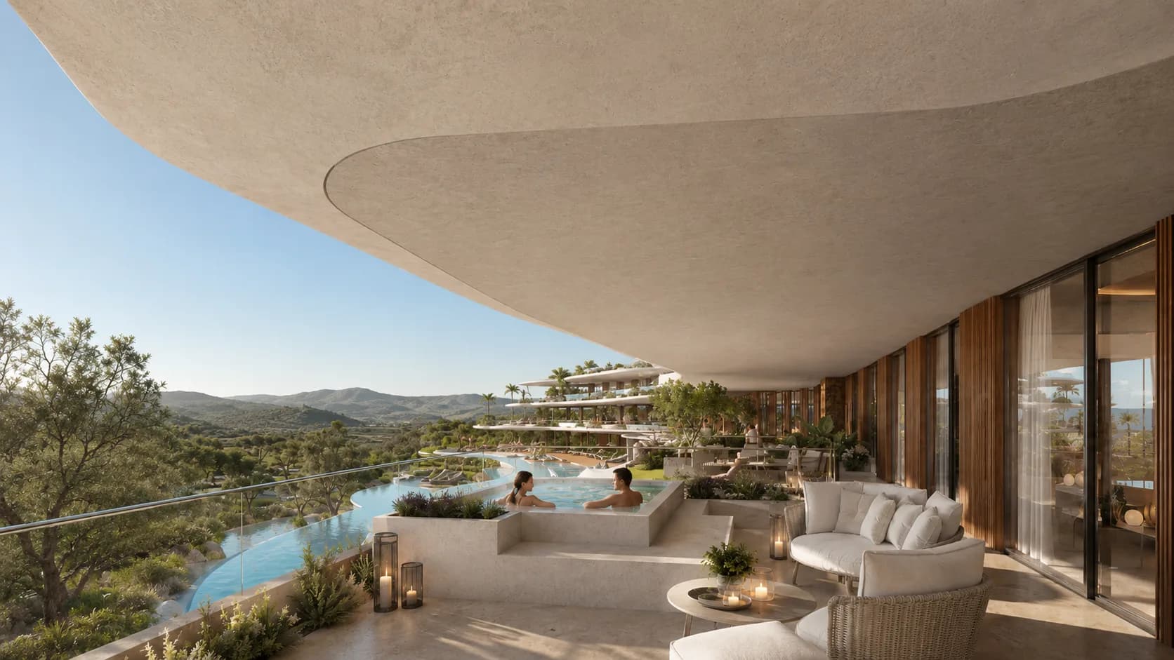 A suite terrace with a plunge pool, looking out over the valley and the mountains of Murcia