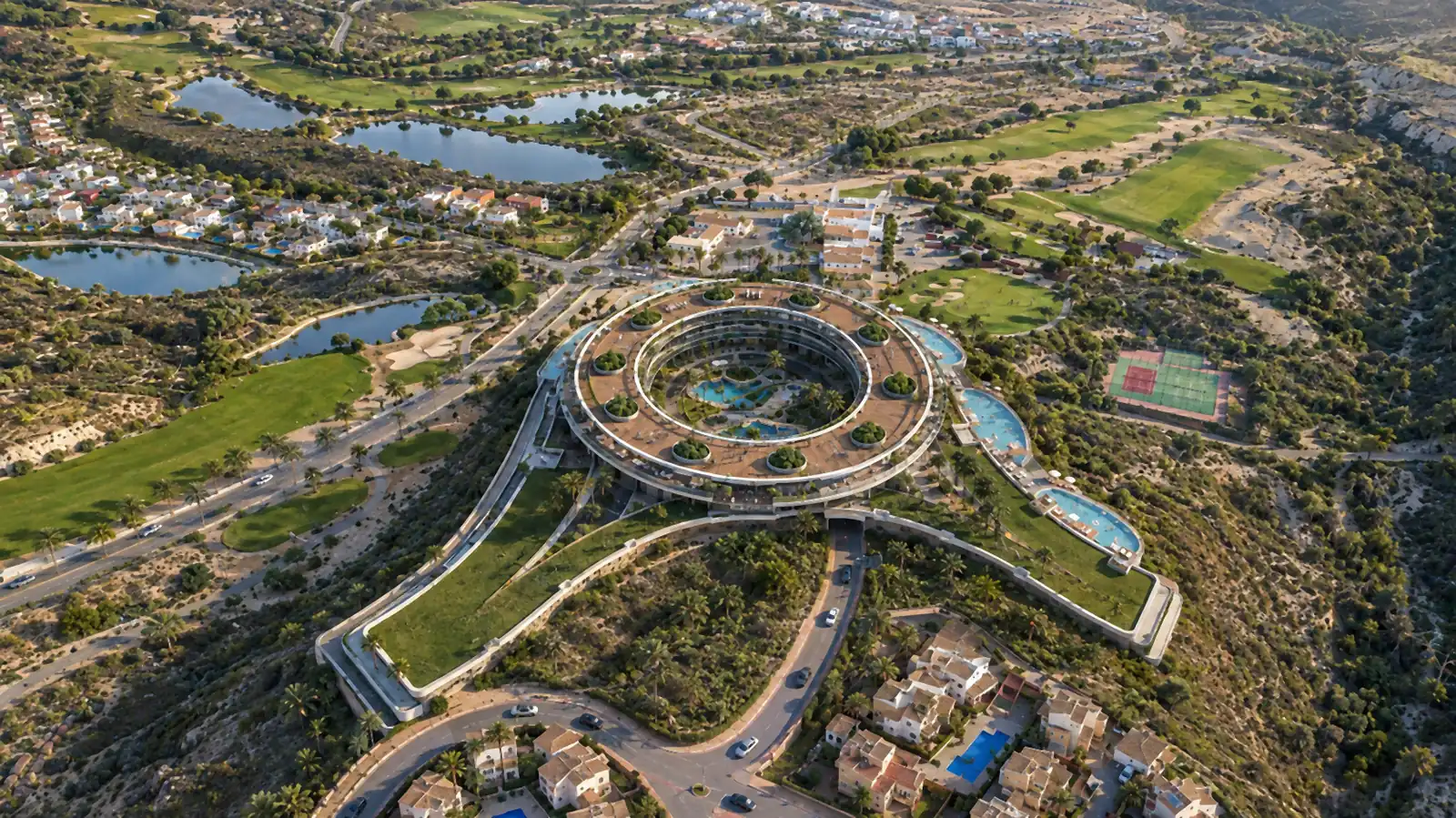 Altaona Golf & Country Village from the air: lakes, fairways, homes and the WOW Longevity Hotel