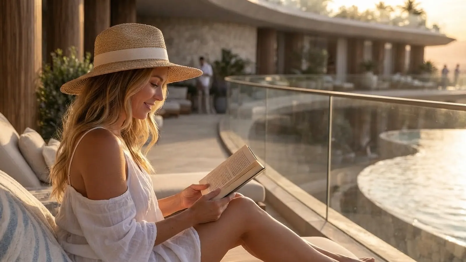 Guest reading on a suite terrace at the WOW Longevity Hotel