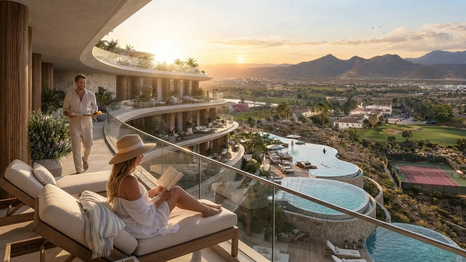 In-suite service on a terrace overlooking the pools